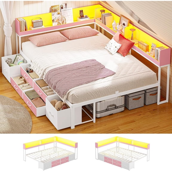 Full Size Daybed Frame with 6 Drawers & Bookcase Storage - 14 Inch Metal Platform Daybed with Charging Station & LED Lights, Pink
