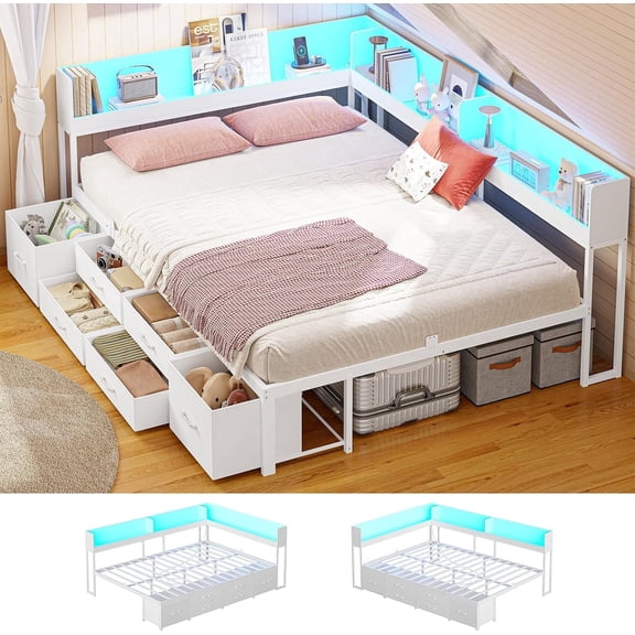 Full Daybed Frame with 6 Drawers & Bookcase Headboard, Metal Platform Corner Bed with USB Charging for Guest Room, White