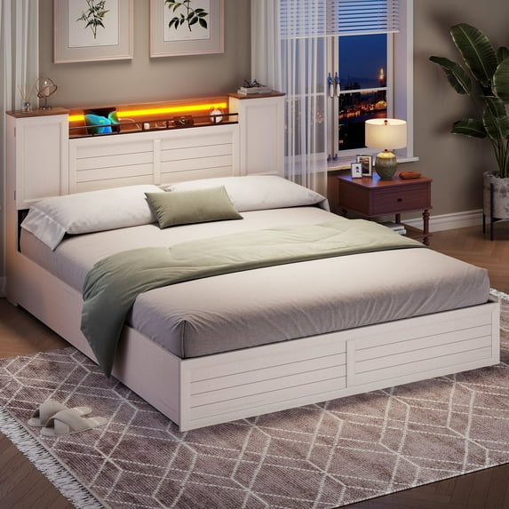 AOGLLATI Farmhouse Bed Full Size with Barn Door Storage Cabinets & 4 Drawers LED White Wood Platform Bed, No Box Spring Needed