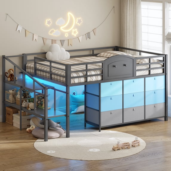 AOGLLATI Full Size Low Loft Bed with 9 Storage Drawers and Under-Bed Hideaway, Metal Loft Bed with Storage Shelf and LED Lights Grey