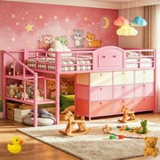 AOGLLATI Twin Size Low Loft Bed with 9 Storage Drawers and Under-Bed Hideaway, Metal Loft Bed with Storage Shelf and LED Lights Pink