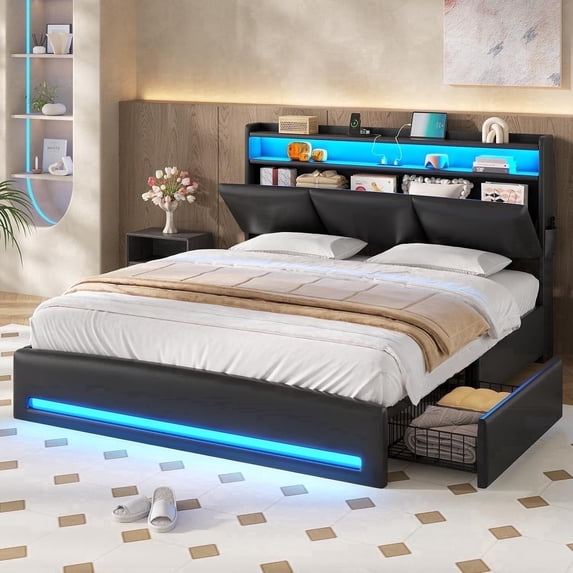 AOGLLATI Full Size Platform Bed Frame with 4 Storage Drawers, Upholstered PU Leather Headboard with Hidden Compartment, Integrated Led Lights & Charging Station, Black
