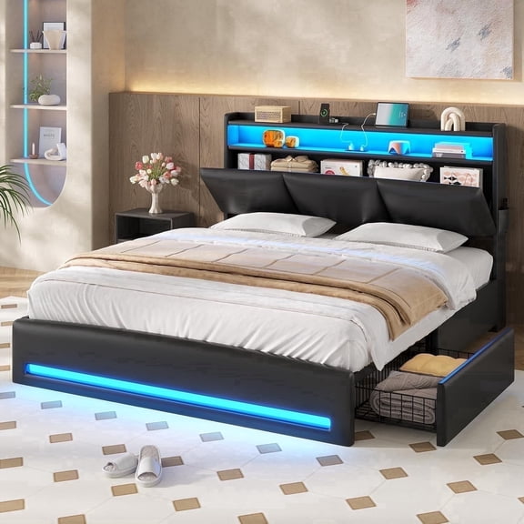 CalmOasis Full Size Platform Bed Frame with 4 Storage Drawers, Upholstered PU Leather Headboard with Hidden Compartment, Integrated Led Lights & Charging Station, Black