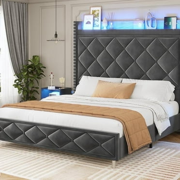 AOGLLATI King Size 51.2'' H Velvet Upholstered Bed Frame, Modern Platform Bed with Deep Button Tufted Headboard, Gray