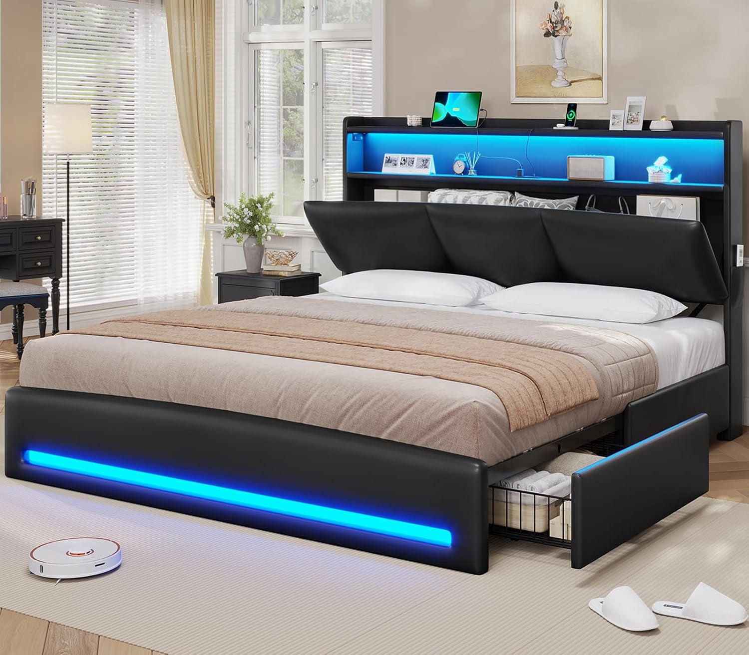 King Bed Frame with Storage Headboard and Charging Station, Leather ...