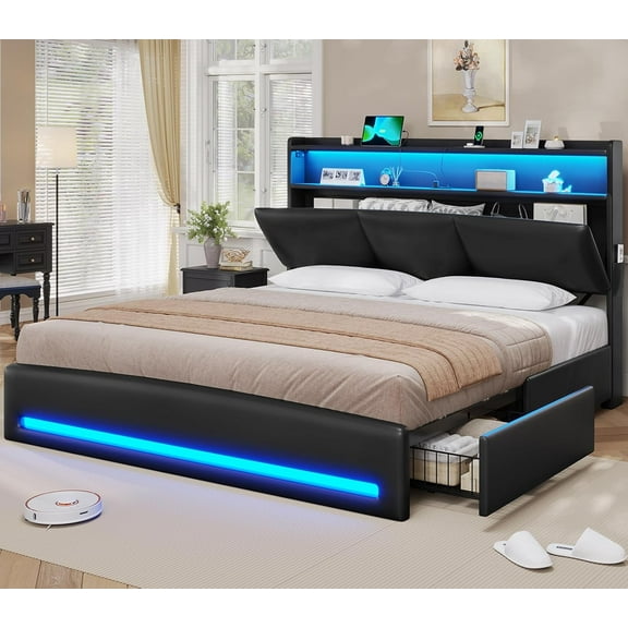 King Bed Frame with Storage Headboard and Charging Station, Leather Upholstered Bed Frame King Size with 4 Drawers and LED Lights, Type C and USB, No Box Spring Needed, Black