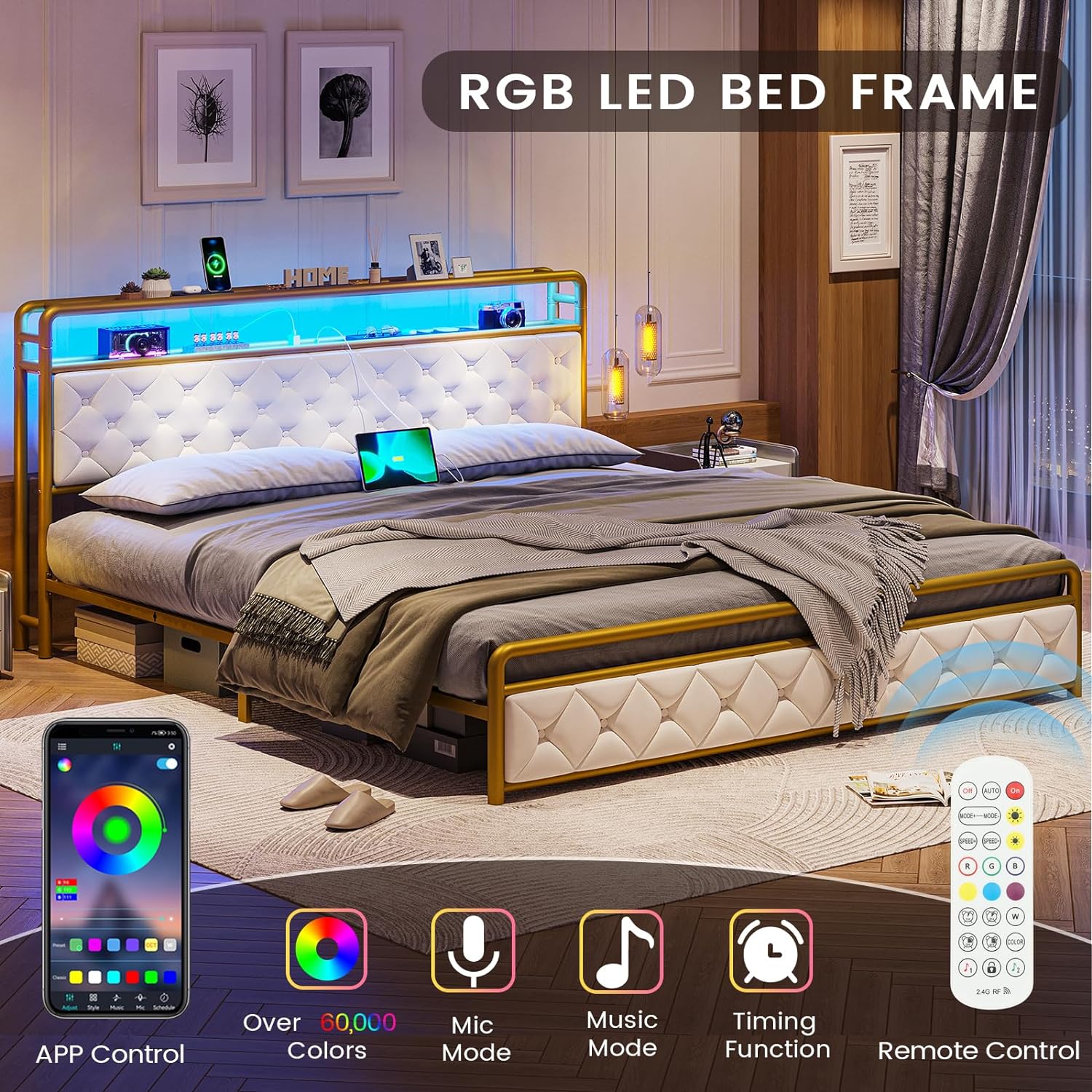 AOGLLATI King Size Bed Frame with Builtin LED Light Headboard, USB