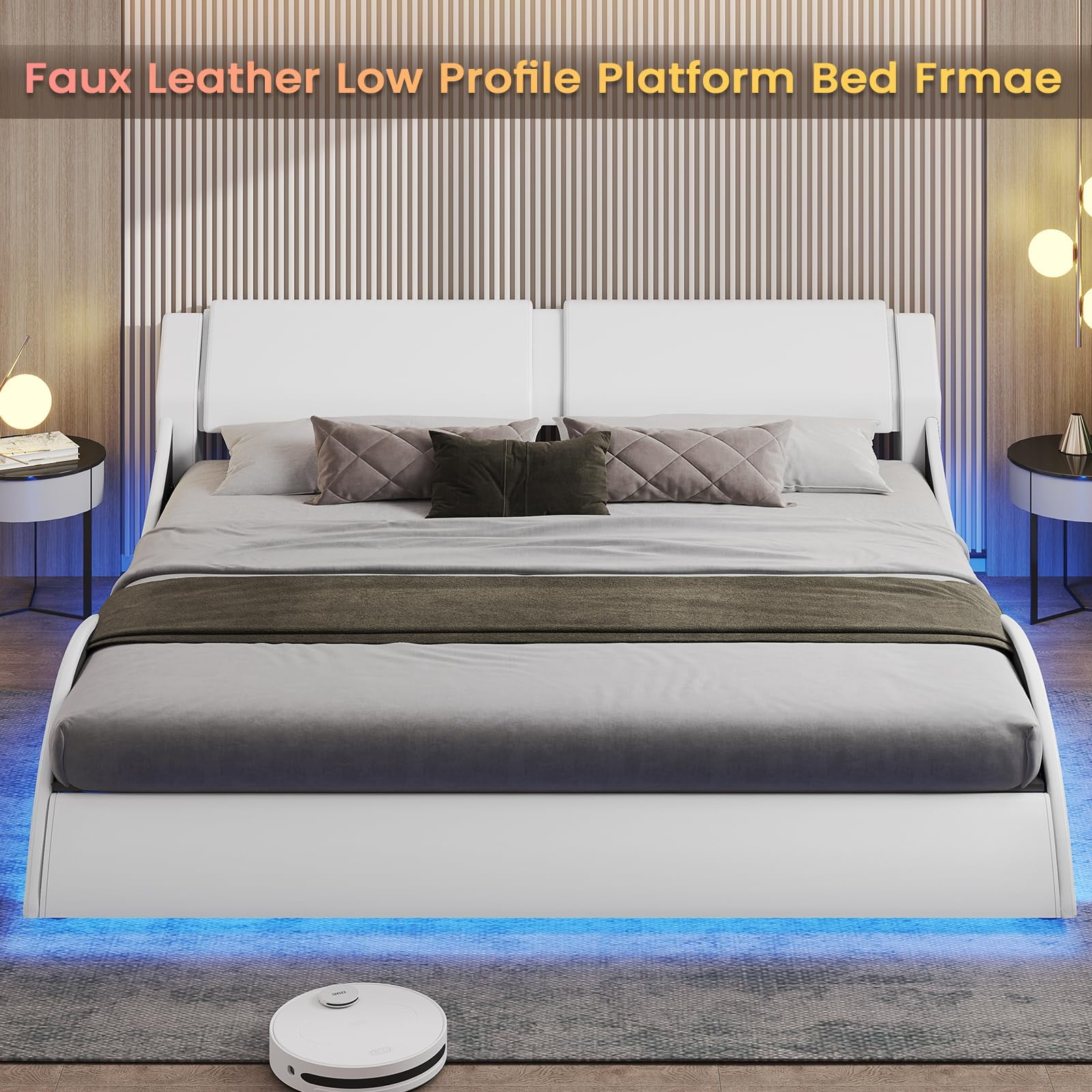 AOGLLATI King Size Led Bed Frame with Headboard,Low Profile Platform Bed Frame Wave Like Curve