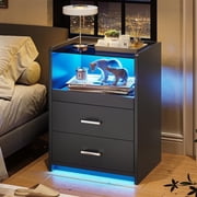 AOGLLATI LED Nightstand with Charging Station, Night Stand with Pull-Out Tray, 2 Drawers, Bedside Table with LED Lights, Modern End Table with USB Ports Outlets, Black
