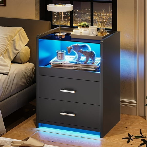 AOGLLATI LED Nightstand with Charging Station, Night Stand with Pull-Out Tray, 2 Drawers, Bedside Table with LED Lights, Modern End Table with USB Ports Outlets, Black