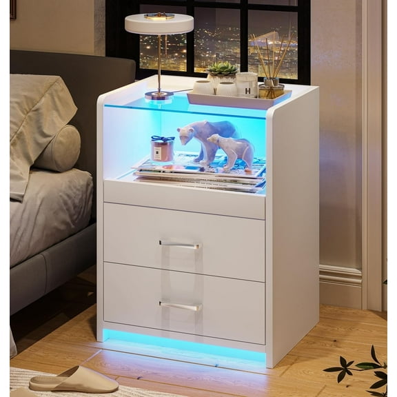 AOGLLATI White Nightstand with Charging Station and LED Lights, 2 Drawers LED Night Stand with Tempered Glass Tabletop, Modern End Side Tables with Pull-Out Tray, Open Storage Bedside Tables