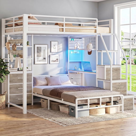 Twin Over Twin L-Shaped Bunk Bed with 6 Storage Drawers and Desk Metal Led Loft Bed with Side Bag & Hanging Rod, White