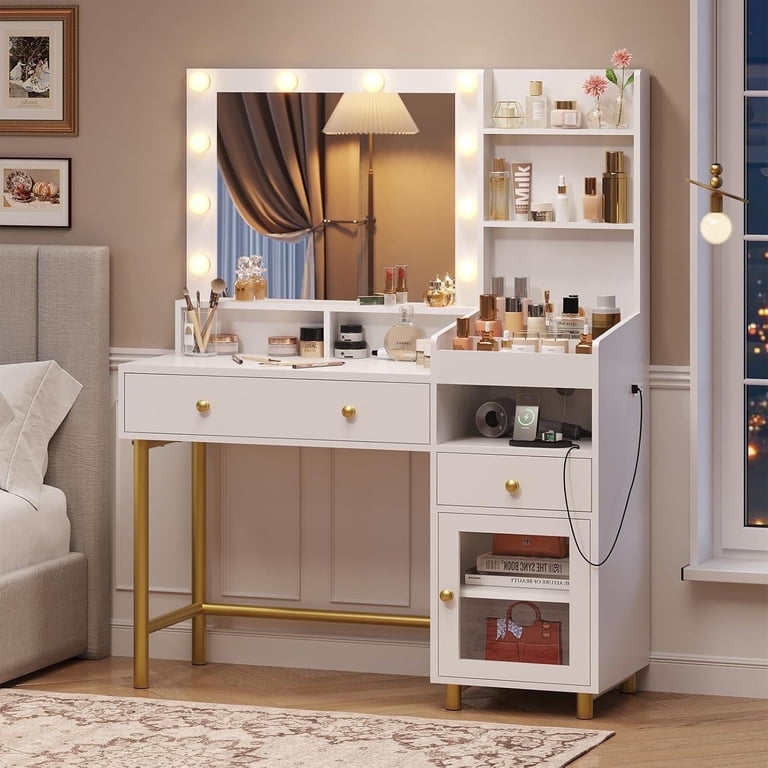 white colour dressing table Table: Dressing with 5 Drawers & Lighted Mirror Studio GKW These four small drawers are designed to make it easier for you to store things and keep your table clean White Color Dressing Table with