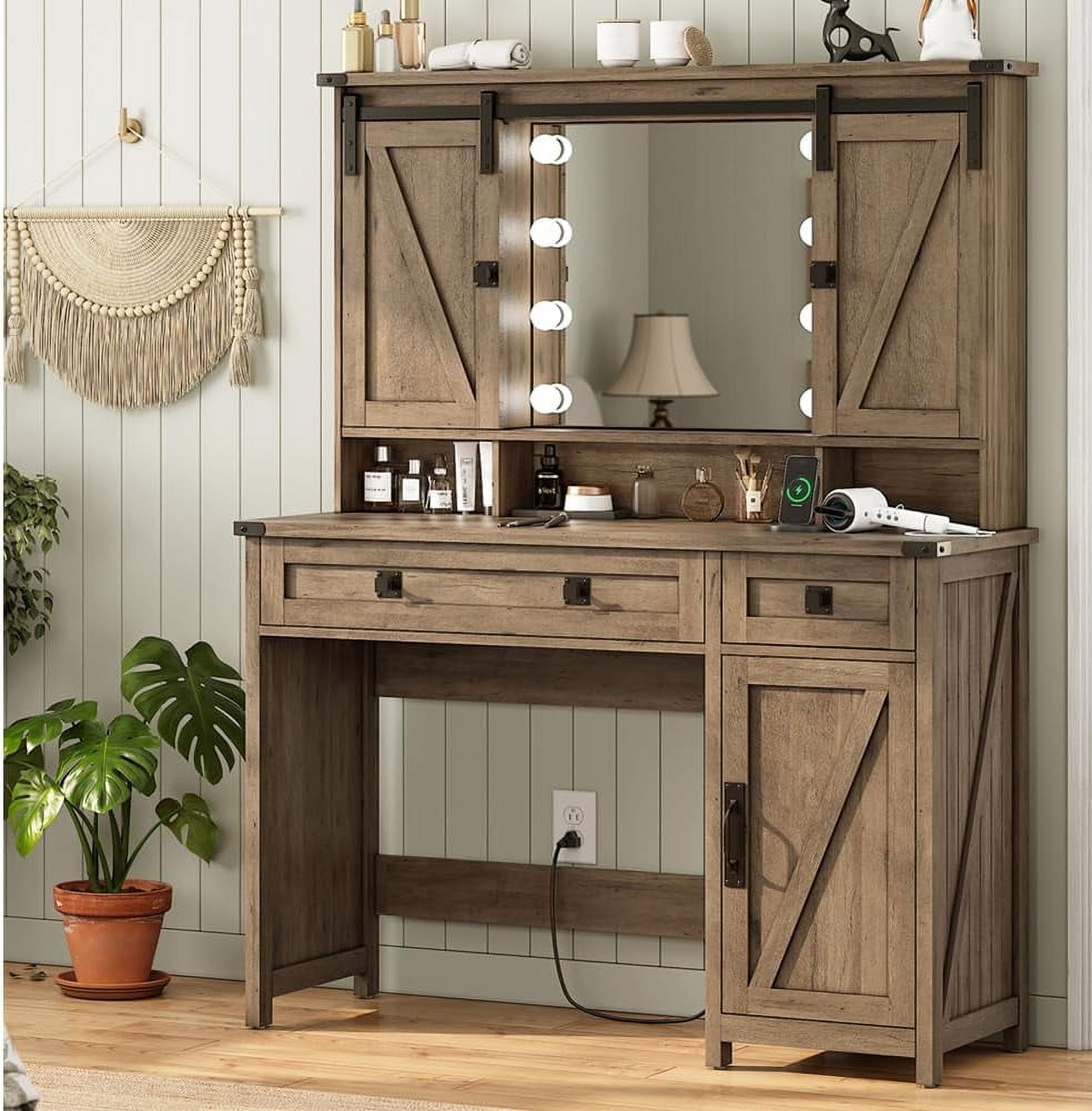 AOGLLATI Farmhouse Brown Vanity Table Set with Lights, Mirror, Charging Station and Jewelry Hooks