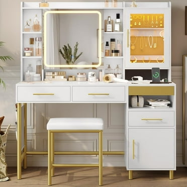 AOGLLATI Makeup Vanity with Lights and Jewelry Cabinet, Vanity Desk with Mirror and Lights, White Vanity Table with Charging Station,Led Lights, Hidden and Open Storage Shelves