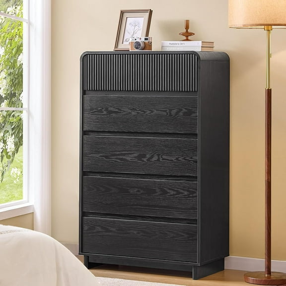 AOGLLATI Mid Century Modern 5 Drawer Dresser for Bedroom, 45" Tall Wood Fluted Dressers & Chests of Drawers with Curved Profile Design for Bedroom,Black
