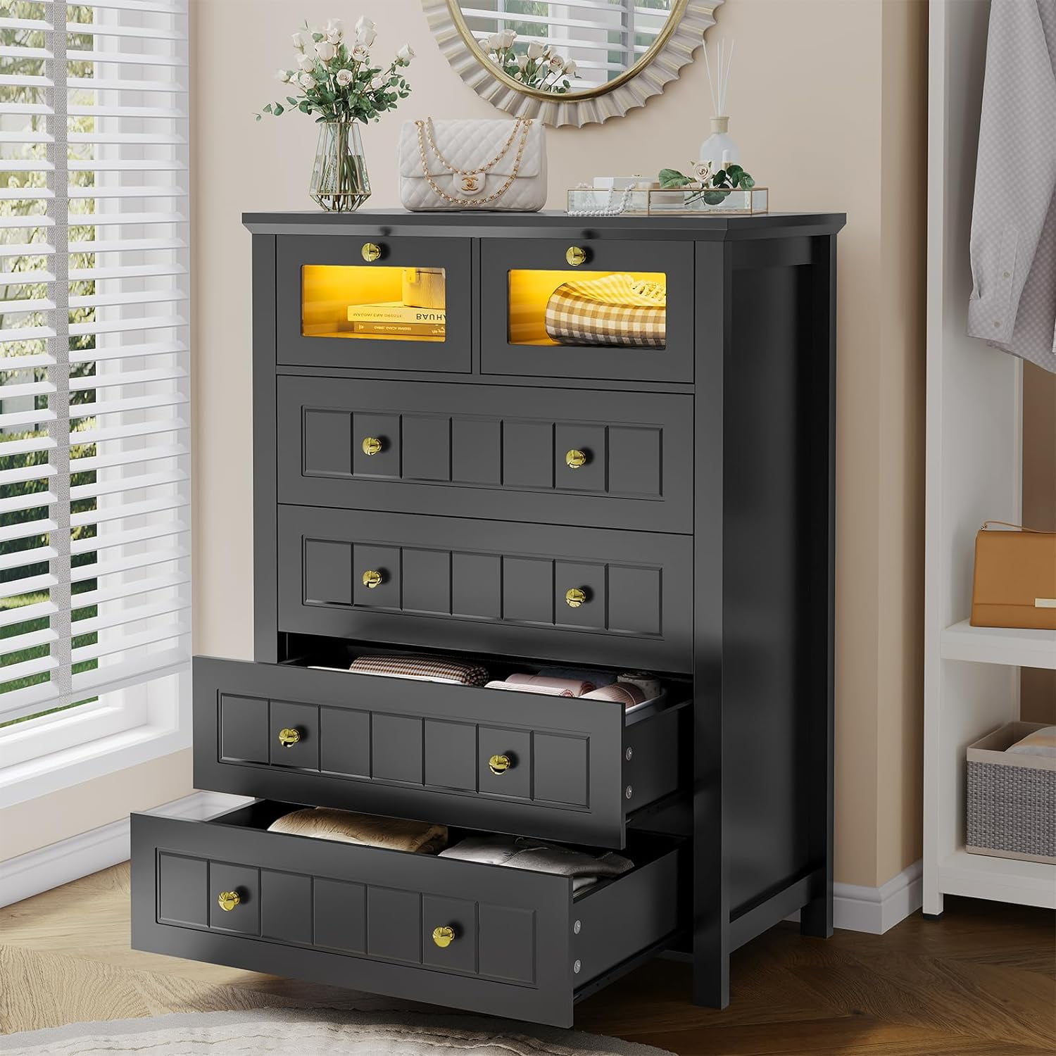 AOGLLATI Modern 6 Drawer Dresser for Bedroom with Led Light, Chests of