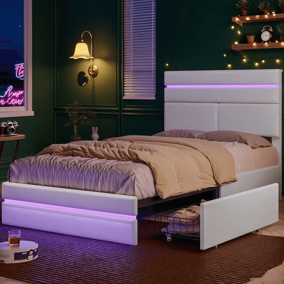 AOGLLATI Modern Twin Bed Frame with LED Lights & 4 Storage Drawers – Upholstered Platform, Lighted Headboard, No Box Spring Needed