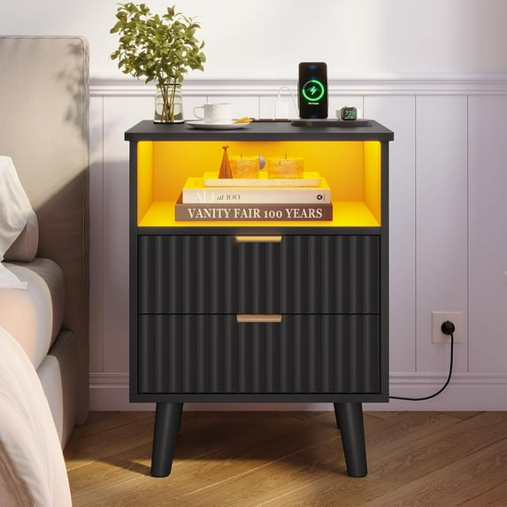 AOGLLATI Night Stand with Charging Station and Fluted Panel, 2 Drawers Black Nightstand with LED Lights and Open Storage Cubby, Modern LED Bedside Table with Metal Handle for Bedroom