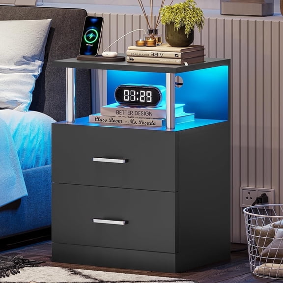 AOGLLATI Nightstand with Charging Station and LED Lights, Night Stand with Open Storage, Bedside Table with Drawers, 2 USB Ports, 2 Outlets, Modern End Side Table for Bedroom,Black