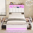 thumbnail image 1 of Twin Bed Frames with Bookcase Headboard, Wooden Bed Frame Twin Size with Charging Station, 4 Storage Drawers and LED Lights, LED Bed Frame with Type-C and USB, No Box Spring Needed, White, 1 of 10