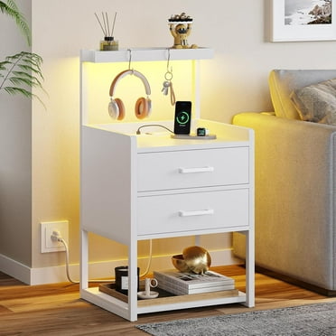 AOGLLATI Nightstand with LED Lights and Charging Station, 2 Drawers Bedroom Night Stand, 2 USB Ports, 2 Outlets, Bed Side Table with Storage Shelves
