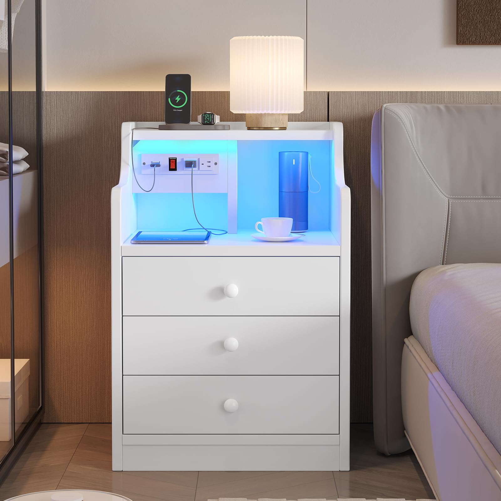 AOGLLATI Nightstand with LED Lights and Charging Station,LED Nightstand