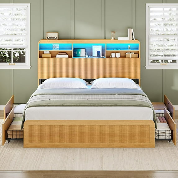 AOGLLATI Queen Bed Frame with 4 Storage Drawers and Hidden Storage Headboard, Wood Led Fluted Bed Frame Queen Size with Charging Station and Curved Profile Design, No Box Spring Needed, Wood