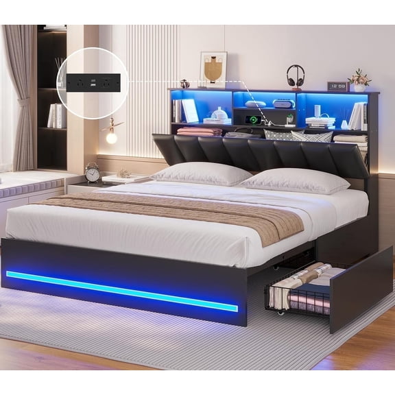 Queen Bed Frame with Bookcase Headboard, Wooden Bed Frame Queen Size with Charging Station, 4 Storage Drawers and LED Lights, with Type-C and USB, No Box Spring Needed, Black