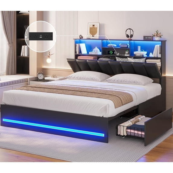 Queen Bed Frame with Bookcase Headboard, Wooden Bed Frame Queen Size with Charging Station, 4 Storage Drawers and LED Lights, with Type-C and USB, No Box Spring Needed, Black
