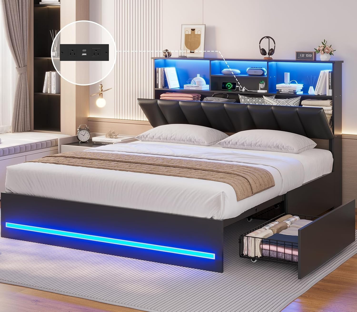 AOGLLATI Queen Bed Frame with Stylish Bookcase Headboard & Charging ...