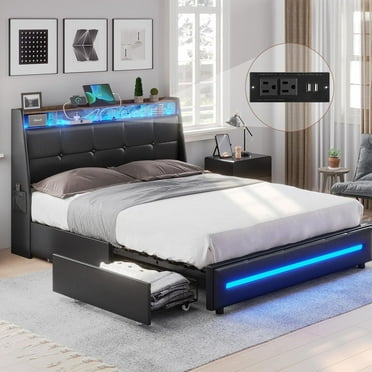 AOGLLATI Queen Bed Frame with Storage, Platform Bed with Charging and Shelves, Upholstered, Black