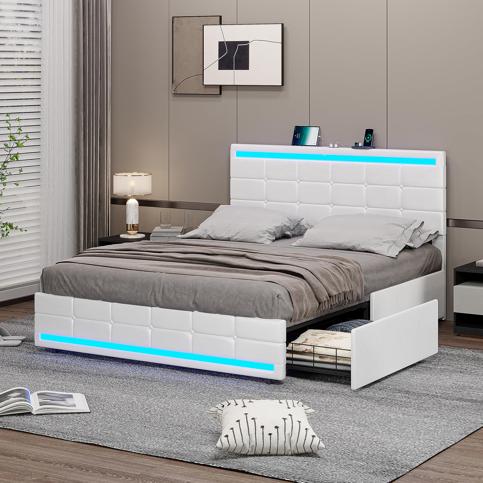 AOGLLATI Queen Platform Bed Frame with 2 USB Charging Station & 4