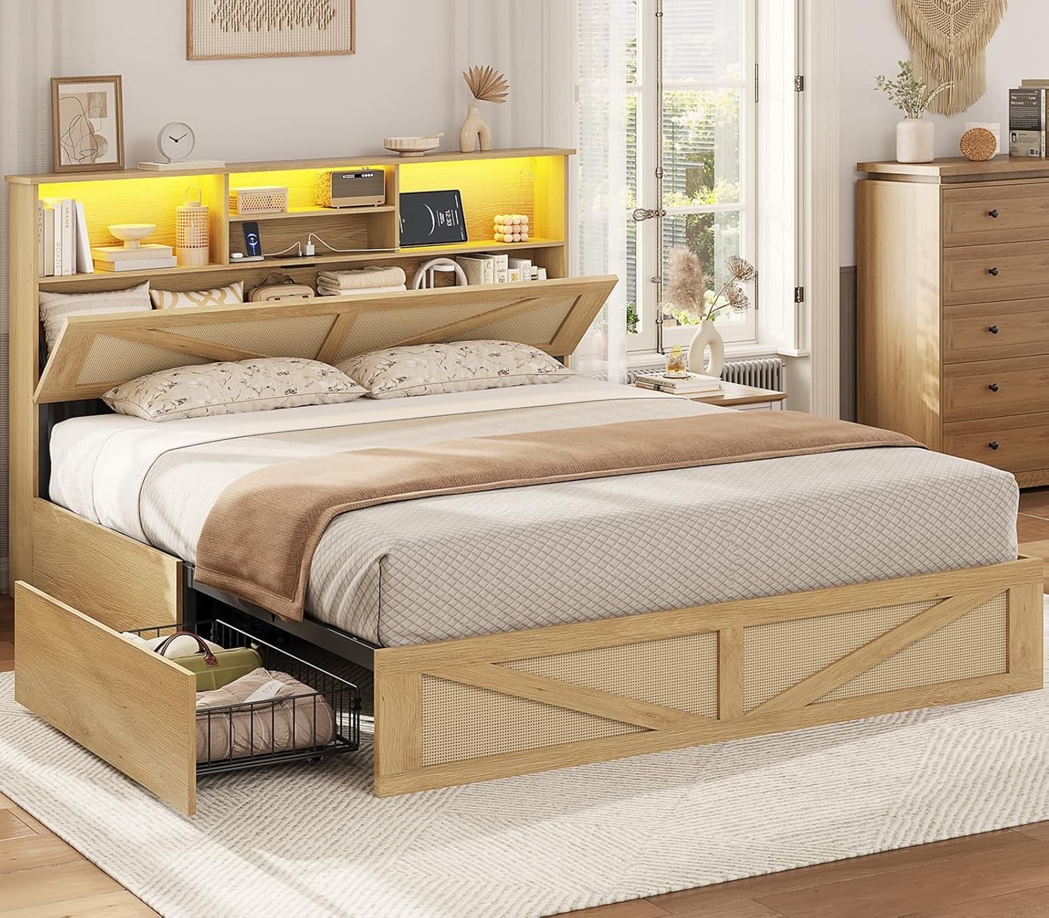 AOGLLATI Queen Size Bed Frame with Storage Drawers & Rattan Headboard - Boho LED Platform Bed with Charging Station, No Box Spring Needed