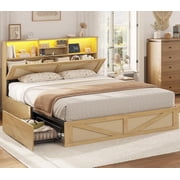 AOGLLATI Queen Size Bed Frame with Storage Drawers & Rattan Headboard - Boho LED Platform Bed with Charging Station, No Box Spring Needed