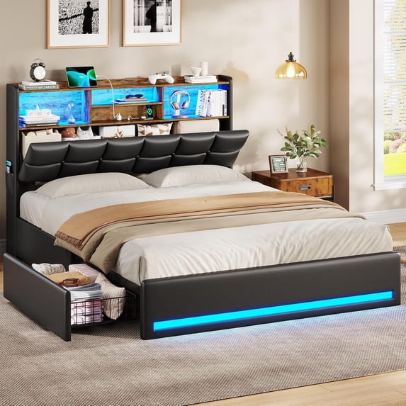 AOGLLATI Queen Size 4 Drawers Upholstered Bookcase Storage Bed with Charging Station and RGB LED Lights, Black Queen Platform Bed Frame,No Box Spring Needed