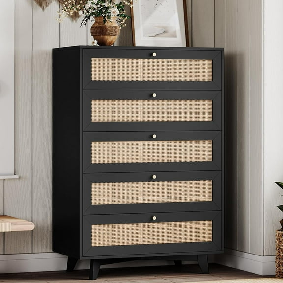 AOGLLATI Rattan Dresser, 5 Drawer Wooden Dresser with Gold Handles, Modern Closet