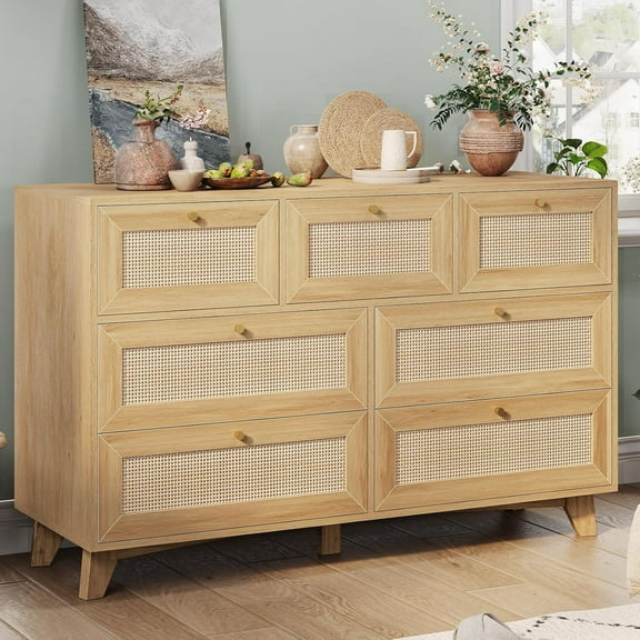 AOGLLATI Rattan Dresser for Bedroom with 7 Drawer, Modern Wooden Wide Bedroom Dresser, Chest of Drawers with Metal Handle & Solid Wood Legs for Bedroom/Living Room, Wood