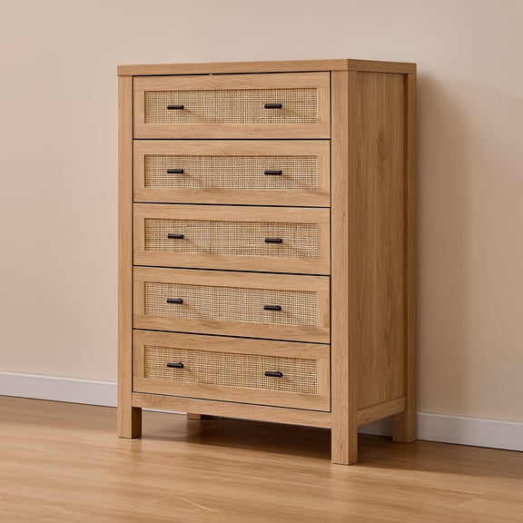 AOGLLATI Rattan Dresser for Bedroom, Vertical Tall Rattan Dresser with 5 Storage Drawers, Boho Wood 5 Drawer Dresser with Thick Legs, Wooden Chest of Drawers for Bedroom, Entryway, Living Room