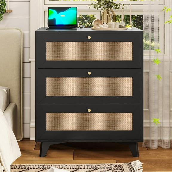 AOGLLATI Rattan Nightstand with Charging Station, Night Stand with 3 Drawers and 2 USB Ports and 2 AC Outlets, Rattan Black Bedside Table with Metal Handle, Wood Boho End Table for Bedroom