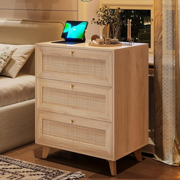 AOGLLATI Rattan Nightstand with Charging Station & 3 Drawers for Bedroom