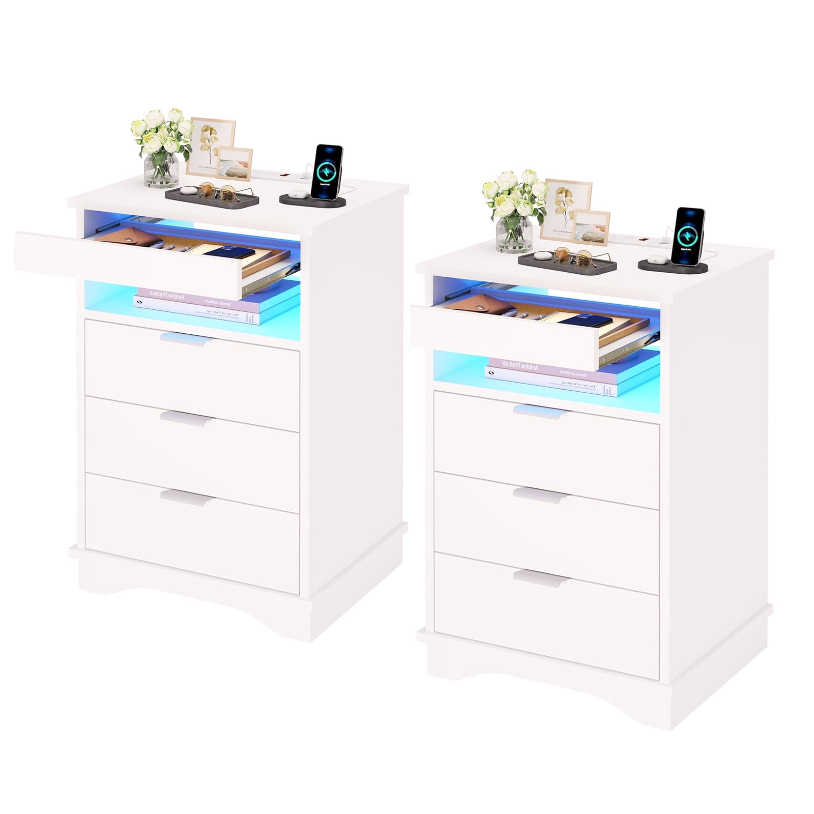 AOGLLATI Set of 2 LED Nightstand with Charging Station & 3 Drawers