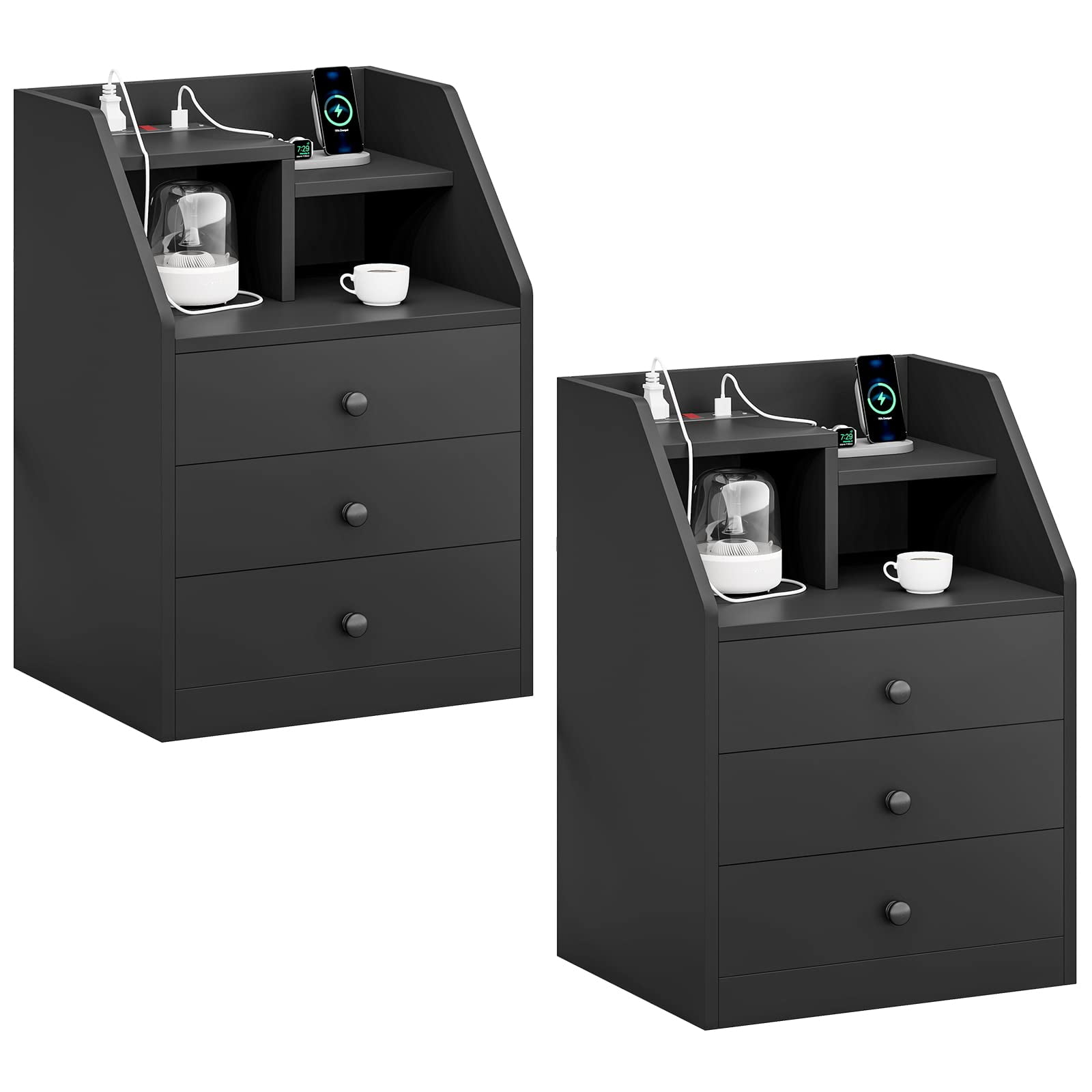AOGLLATI Set of 2 Black Night Stand with 3 Drawers and Shelves