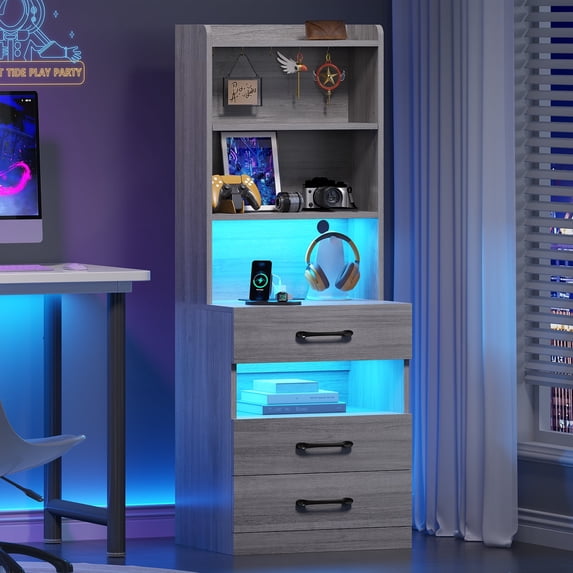 AOGLLATI Tall Nightstand with Charging Station and LED Lights Bookshelf, Bedside Table with 3 Drawers and Storage Shelves, End Side Table for Bedrooms