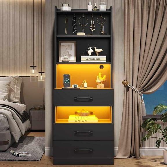 AOGLLATI Tall Nightstand with Charging Station and LED Lights Bookshelf, Bedside Table with 3 Drawers and Storage Shelves, End Side Table for Bedrooms