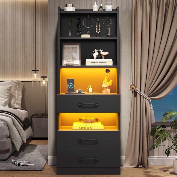 AOGLLATI Tall Nightstand with Charging Station and LED Lights Bookshelf, Bedside Table with 3 Drawers and Storage Shelves, End Side Table for Bedrooms