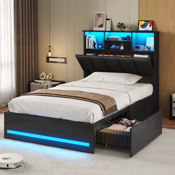 Twin Bed Frames with Bookcase Headboard, Wooden Bed Frame Twin Size with Charging Station, 4 Storage Drawers and LED Lights, LED Bed Frame with Type-C and USB, No Box Spring Needed, Black