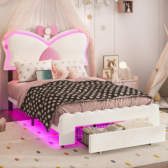 Twin Bed Frames with LED Lights and Storage Drawer, Upholstered Bed Frame with Height Adjustable Butterfly Headboard, Type C and USB Charging Ports, No Box Spring Needed, White
