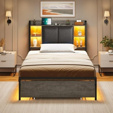 AOGLLATI Twin Bed Frame with Upholstered Storage Headboard and LED Lights Platform Bed with Drawer