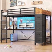 Twin Loft Bed with L-Shaped Desk and LED Lights, Metal Loft Bed Frame with 5 Storage Drawers, Hall Tree & Charging Station, Space-Saving Twin Size Bed with Ladder for Teens